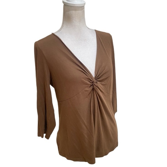 Talbots v neck front knot caramel brown lightweight top 3/4 sleeve size medium - Picture 3 of 10